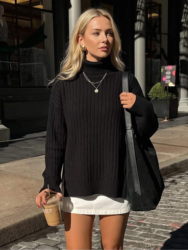 SHEIN Clasi Turtleneck Drop Shoulder Split Hem Knit Pullover Fall Winter Sweater - Black - View 3