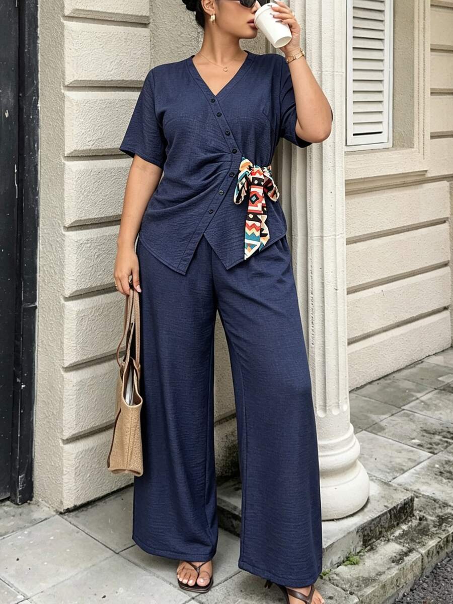 Modelyn Short Sleeve Shirt Collar Faux Placket Shirt With Elastic Waist Straight Leg Pants, Casual Daily Minimalist Design Commuter Fashion Plus Size 2 Pieces Set - Navy Blue - View 1