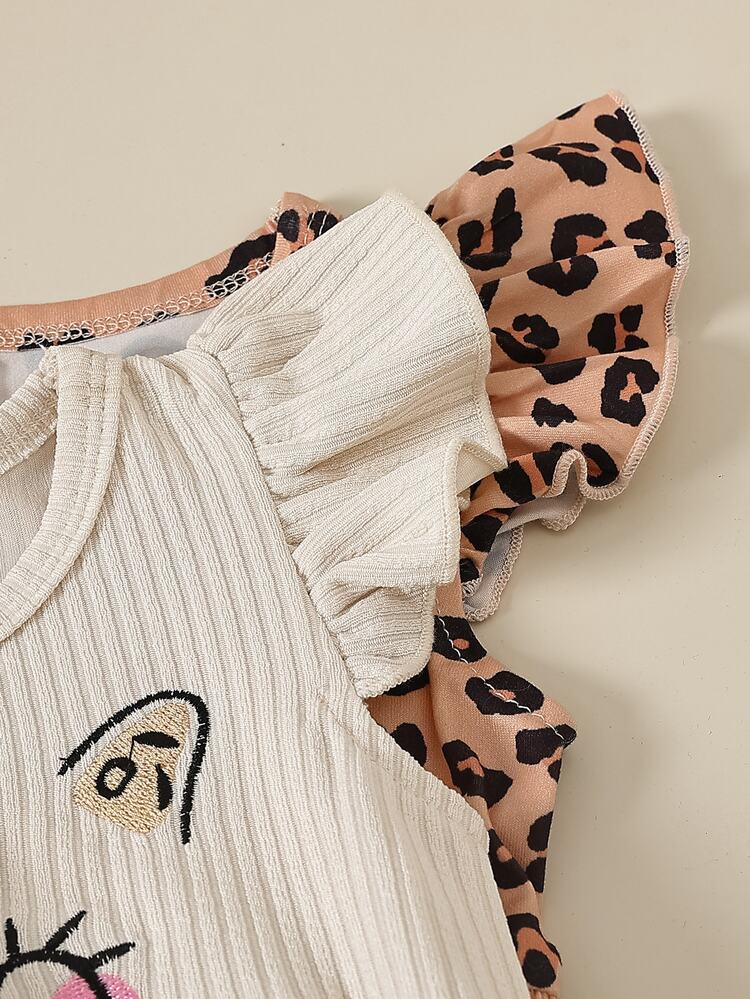 Souflis Souflis 2pcs/Set Baby Girl Summer Casual Sweet Cute Fashion Elegant Leopard Print + Apricot Color Cap Sleeve Round Neck Waist-Cinched A-Line Dress With Cat Embroidery, Versatile For Daily Wear, Travel, Vacation And Various Occasions - Brown - View 6