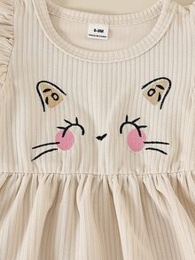 Souflis Souflis 2件組女嬰夏季休閒甜美可愛時尚優雅豹紋＋杏色短袖圓領收腰A字洋裝，附貓咪刺繡，適合日常穿著、旅行、度假及各種場合 - 棕色 - 查看 9