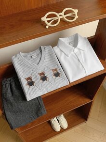 SHEIN 3件組小男孩休閒校園背心、短褲、條紋襯衫套裝，適合生日派對、晚會、表演、婚禮、學校、洗禮、1歲生日慶祝、嬰兒派對，春/夏/秋季 - 灰色 - 查看 5