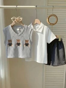 SHEIN 3件組小男孩休閒校園背心、短褲、條紋襯衫套裝，適合生日派對、晚會、表演、婚禮、學校、洗禮、1歲生日慶祝、嬰兒派對，春/夏/秋季 - 灰色 - 查看 4