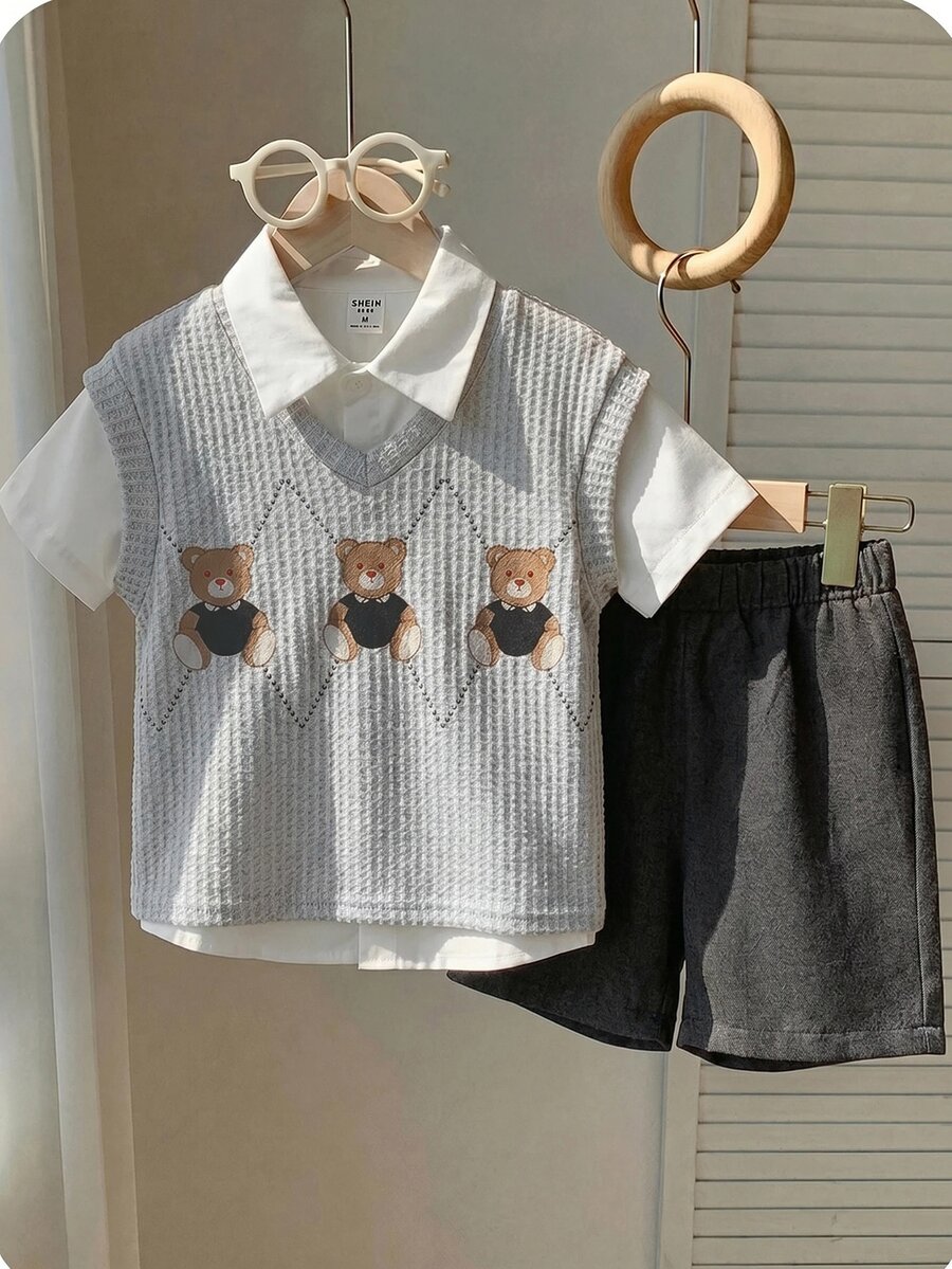 SHEIN 3件組小男孩休閒校園背心、短褲、條紋襯衫套裝,適合生日派對、晚會、表演、婚禮、學校、洗禮、1歲生日慶祝、嬰兒派對,春/夏/秋季 - 灰色 - 查看 1