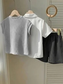 SHEIN 3件組小男孩休閒校園背心、短褲、條紋襯衫套裝，適合生日派對、晚會、表演、婚禮、學校、洗禮、1歲生日慶祝、嬰兒派對，春/夏/秋季 - 灰色 - 查看 3