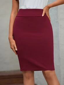 EMERY ROSE Wideband Waist Solid Bodycon Skirt - Burgundy - View 6