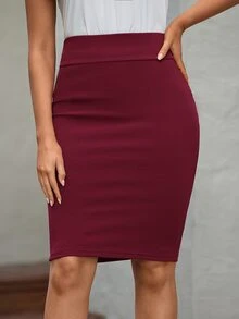 EMERY ROSE Wideband Waist Solid Bodycon Skirt - Burgundy - View 3