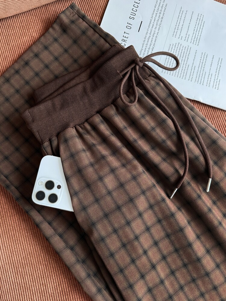 Comfortcana All-Season Velvet Plaid Fabric Loose Drawstring Tie Casual Elegant Vacation Plus Size Wide Leg Pants Teacher Office Chocolate Brown Autumn - Brown - View 4