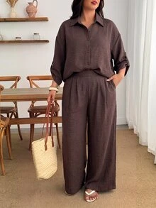 Enliva 大尺碼女款棕色亞麻兩件套 3/4 袖鈕扣襯衫＋寬腿褲 休閒商務休閒套裝 居家早午餐夏季穿搭 - 棕色 - 查看 3