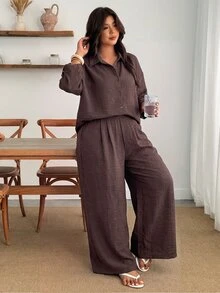 Enliva 大尺碼女款棕色亞麻兩件套 3/4 袖鈕扣襯衫＋寬腿褲 休閒商務休閒套裝 居家早午餐夏季穿搭 - 棕色 - 查看 5