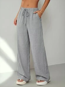 SHEIN PETITE Women's Solid Color Waist Tie Straight Leg Loose Casual Long Pants Holiday Vacation Light Grey Summer - Grey - View 5
