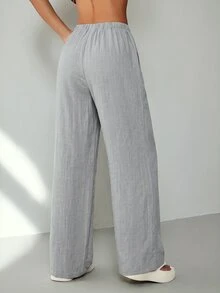 SHEIN PETITE Women's Solid Color Waist Tie Straight Leg Loose Casual Long Pants Holiday Vacation Light Grey Summer - Grey - View 2