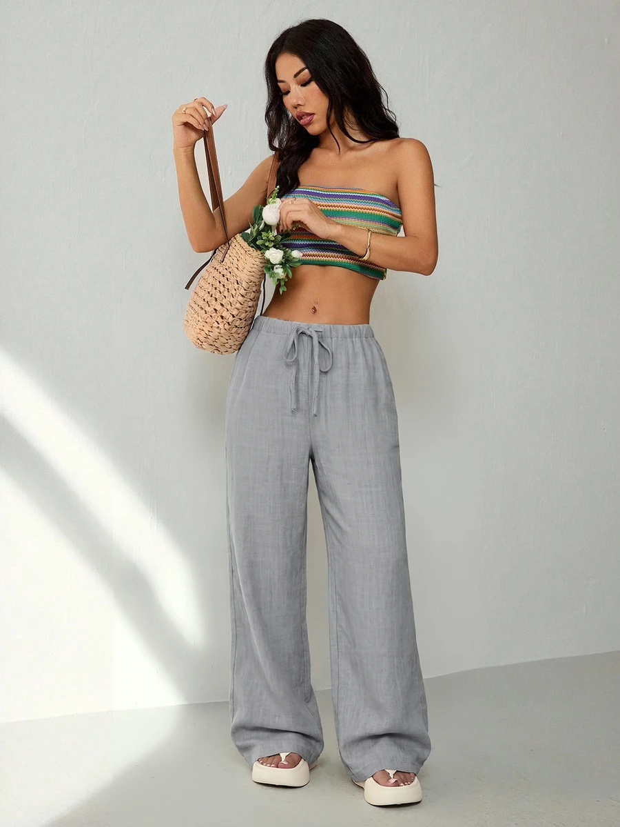 SHEIN PETITE Women's Solid Color Waist Tie Straight Leg Loose Casual Long Pants Holiday Vacation Light Grey Summer - Grey - View 1