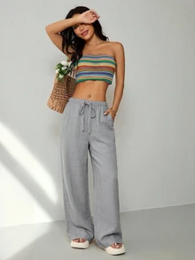 SHEIN PETITE Women's Solid Color Waist Tie Straight Leg Loose Casual Long Pants Holiday Vacation Light Grey Summer - Grey - View 7