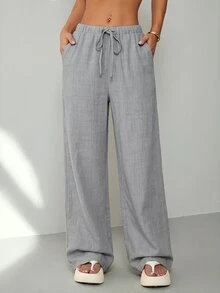 SHEIN PETITE Women's Solid Color Waist Tie Straight Leg Loose Casual Long Pants Holiday Vacation Light Grey Summer - Grey - View 3
