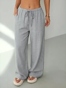 SHEIN PETITE Women's Solid Color Waist Tie Straight Leg Loose Casual Long Pants Holiday Vacation Light Grey Summer - Grey - View 6