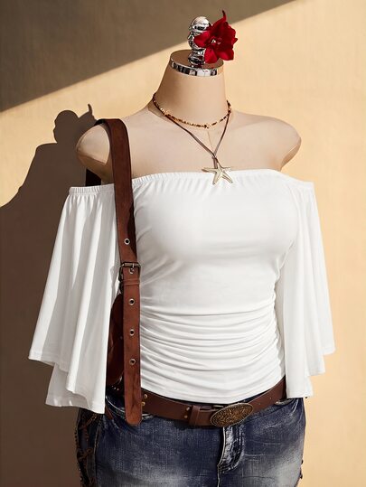 SHEIN ICON Top tubo para mujer talla grande, color liso, fruncido, ajustado, versátil, casual, para uso diario y salidas