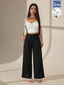 SHEIN PETITE 女款黑色竹纖維長褲，前腰扣環設計，展現優雅教師制服風，兼具專業與休閒感；這款百搭寬鬆直筒褲是感恩節與萬聖節必備單品，棉質面料，穿著舒適 - 黑色 - 查看 3