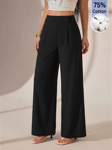 SHEIN PETITE 女款黑色竹纖維長褲，前腰扣環設計，展現優雅教師制服風，兼具專業與休閒感；這款百搭寬鬆直筒褲是感恩節與萬聖節必備單品，棉質面料，穿著舒適 - 黑色 - 查看 7