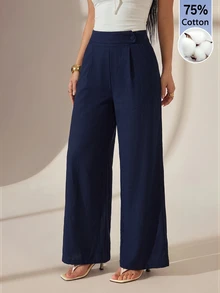 SHEIN PETITE 女款海軍藍竹纖維長褲 扣飾優雅教師制服風 休閒百搭 寬鬆直筒褲 感恩節萬聖節上班早午餐穿搭 - 藏蓝色 - 查看 7