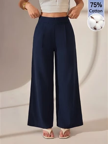 SHEIN PETITE 女款海軍藍竹纖維長褲 扣飾優雅教師制服風 休閒百搭 寬鬆直筒褲 感恩節萬聖節上班早午餐穿搭 - 藏蓝色 - 查看 4