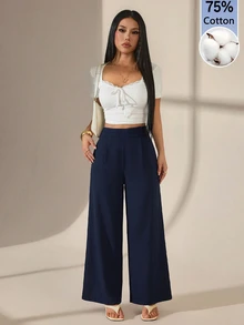 SHEIN PETITE 女款海軍藍竹纖維長褲 扣飾優雅教師制服風 休閒百搭 寬鬆直筒褲 感恩節萬聖節上班早午餐穿搭 - 藏蓝色 - 查看 3