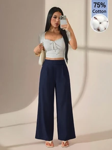 SHEIN PETITE 女款海軍藍竹纖維長褲 扣飾優雅教師制服風 休閒百搭 寬鬆直筒褲 感恩節萬聖節上班早午餐穿搭 - 藏蓝色 - 查看 6