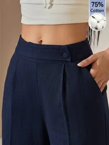 SHEIN PETITE 女款海軍藍竹纖維長褲 扣飾優雅教師制服風 休閒百搭 寬鬆直筒褲 感恩節萬聖節上班早午餐穿搭 - 藏蓝色 - 查看 1