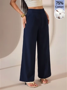 SHEIN PETITE 女款海軍藍竹纖維長褲 扣飾優雅教師制服風 休閒百搭 寬鬆直筒褲 感恩節萬聖節上班早午餐穿搭 - 藏蓝色 - 查看 5