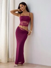 SHEIN PETITE Two-Piece Lace Set Featuring An Elegant, Sexy Open-Back Top And A Long Skirt, Accented With Sheer Mesh Paneling. - Red Violet - View 5