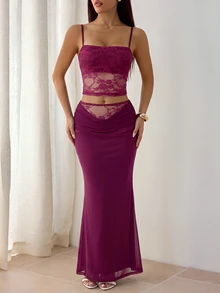 SHEIN PETITE Two-Piece Lace Set Featuring An Elegant, Sexy Open-Back Top And A Long Skirt, Accented With Sheer Mesh Paneling. - Red Violet - View 3