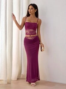 SHEIN PETITE Two-Piece Lace Set Featuring An Elegant, Sexy Open-Back Top And A Long Skirt, Accented With Sheer Mesh Paneling. - Red Violet - View 6