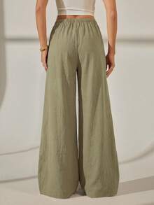 SHEIN Tall 女款純色寬腿長褲，適合度假與休閒穿著 - 軍綠色 - 查看 2
