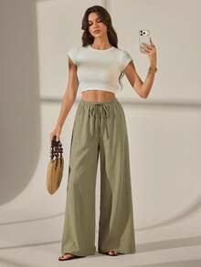 SHEIN Tall 女款純色寬腿長褲，適合度假與休閒穿著 - 軍綠色 - 查看 5