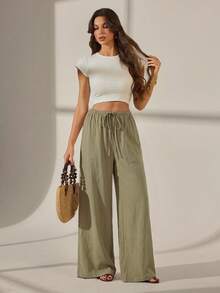 SHEIN Tall 女款純色寬腿長褲，適合度假與休閒穿著 - 軍綠色 - 查看 4