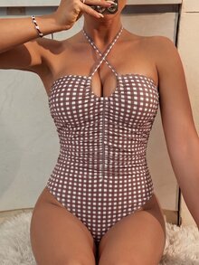Swim Mod 女士沙滩度假波点黑色荷叶边连体泳衣，性感系带 - 棕色 - 查看 4