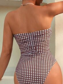 Swim Mod 女士沙滩度假波点黑色荷叶边连体泳衣，性感系带 - 棕色 - 查看 2