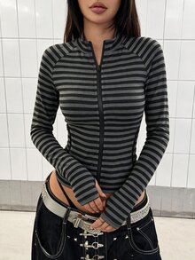 SHEIN HypeZone 女款秋冬休閒街頭風日常百搭時尚派對條紋布料裝飾口袋收腰長袖薄款夾克 - 彩色 - 查看 7