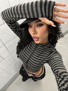SHEIN HypeZone 女款秋冬休閒街頭風日常百搭時尚派對條紋布料裝飾口袋收腰長袖薄款夾克 - 彩色 - 查看 4