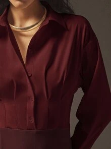 Hauture 女士春夏落肩长袖单排扣休闲褶皱连体衣 - 酒紅色 - 查看 5