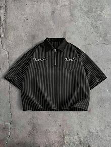 AXEPEAK Men's Striped Casual Versatile Daily Short Sleeve Polo Shirt - Black - View 3