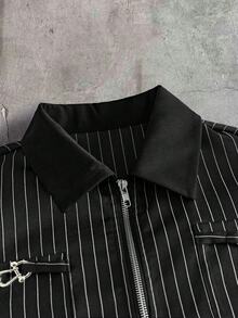 AXEPEAK Men's Striped Casual Versatile Daily Short Sleeve Polo Shirt - Black - View 4