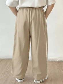 Kids Tween Boy Straight Leg Pants, Casual Sporty Preppy Style, Versatile Fashionable Minimalist Practical Soft Comfortable With Decorative Drawstring And Waist Cord, Suitable For Daily Wear, School, Outings, Sports, Spring, Summer, Autumn, Winter - Khaki - View 2