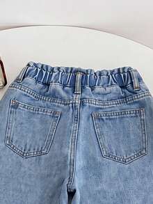 SHEIN Girls' All-Season Casual Baggy Fashion Minimalist Versatile Elastic Waistband 3-Button Decor Large Cargo Pocket Light Blue Washed Denim Wide Leg Pants - Dark Wash - View 6