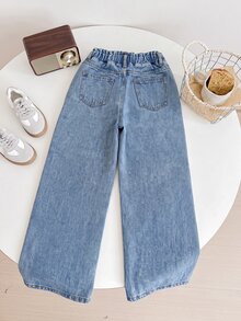 SHEIN Girls' All-Season Casual Baggy Fashion Minimalist Versatile Elastic Waistband 3-Button Decor Large Cargo Pocket Light Blue Washed Denim Wide Leg Pants - Dark Wash - View 3