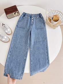 SHEIN Girls' All-Season Casual Baggy Fashion Minimalist Versatile Elastic Waistband 3-Button Decor Large Cargo Pocket Light Blue Washed Denim Wide Leg Pants - Dark Wash - View 8