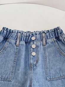 SHEIN Girls' All-Season Casual Baggy Fashion Minimalist Versatile Elastic Waistband 3-Button Decor Large Cargo Pocket Light Blue Washed Denim Wide Leg Pants - Dark Wash - View 5