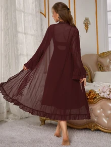 Slumberist Women's Lace See-Through Cami Dress And Robe Pajama Set - Maroon - View 2