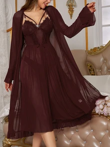 Slumberist Women's Lace See-Through Cami Dress And Robe Pajama Set - Maroon - View 7