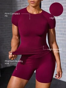 Zolique Women's Solid Color Raglan Short Sleeve T-Shirt And Shorts High-End Tight Fit Sports Set - Burgundy - View 2