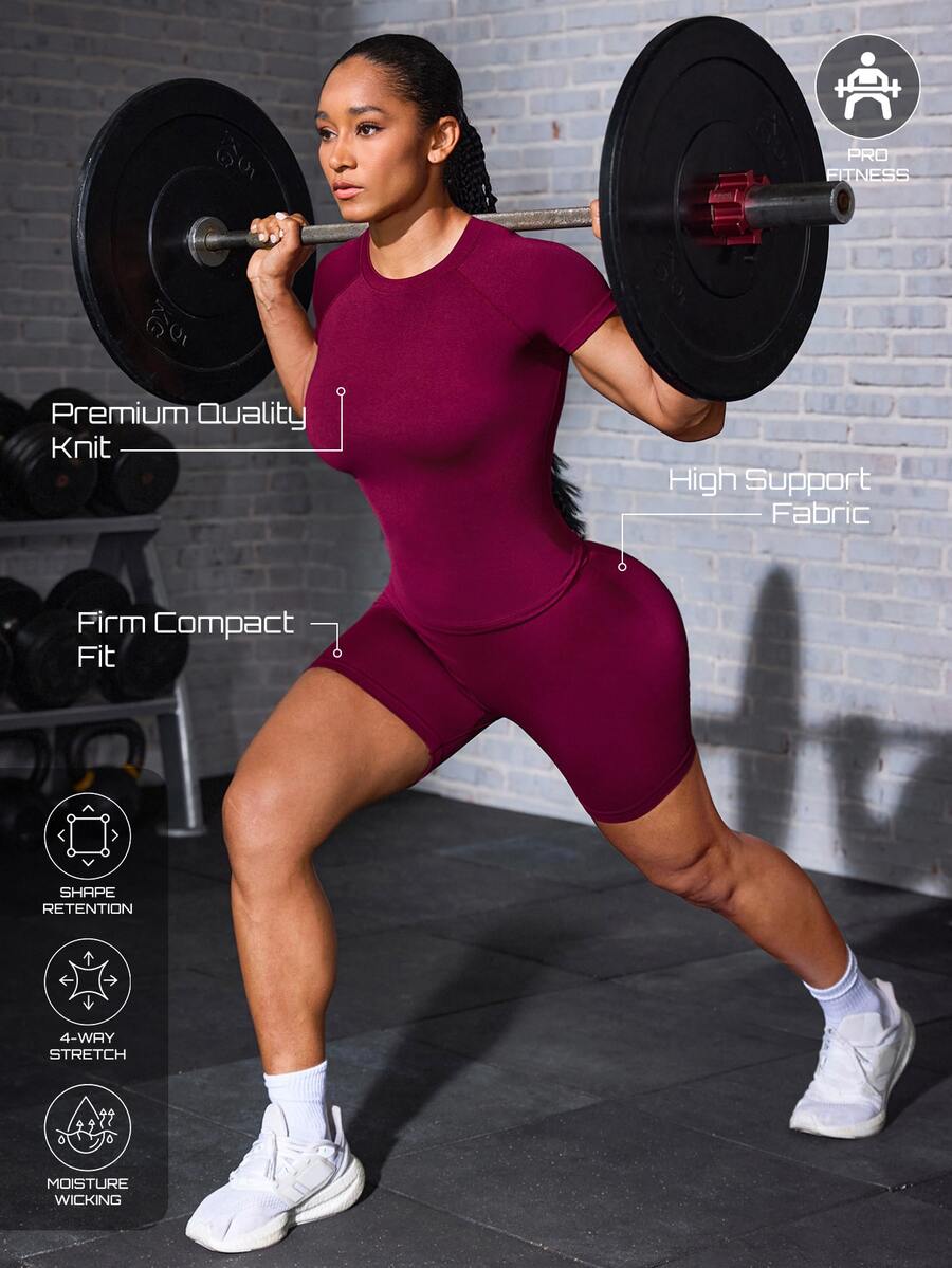 Zolique Women's Solid Color Raglan Short Sleeve T-Shirt And Shorts High-End Tight Fit Sports Set - Burgundy - View 1